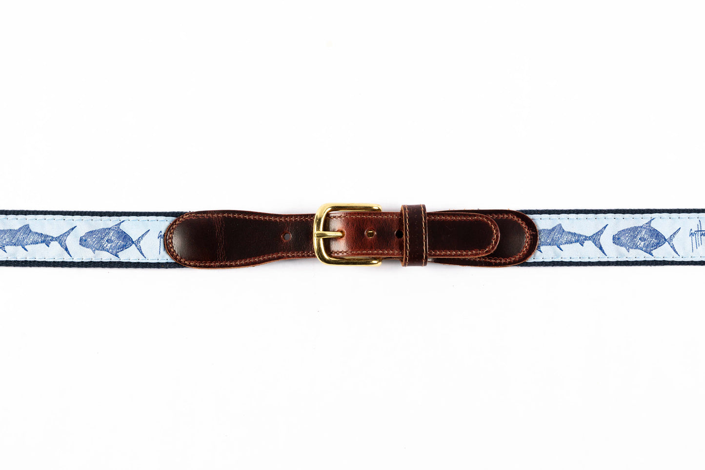 Guy Harvey men's Keys Slam leather tab belt with light blue needlepoint game fish design and brass buckle.