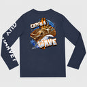 A navy blue long-sleeve t-shirt with a large graphic on the back featuring a stingray, the words 'CATCH A WAVE', and a surf board, with 'GUY HARVEY' printed down the left sleeve.
