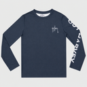 A navy blue long-sleeve t-shirt with white graphic prints. The left chest features a small white script logo, and the right sleeve is printed with large white vertical text reading 'Guy Harvey'.