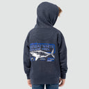 A child wearing a dark navy hoodie, viewed from the back. The hoodie features a large graphic print on the back with a white shark and blue text reading 'GREAT WHITE GRAND PRIX' and 'CAYMAN'.