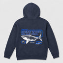 A navy blue hooded sweatshirt shown from the back, featuring a large graphic print of a white shark and the text 'GREAT WHITE GRANT PRIX' with 'CANYAN'.