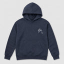 A dark navy blue heathered pullover hoodie with a small white graphic print on the left chest, displayed against a light gray background.