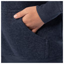 Close-up of a person's hand tucked into the pocket of a dark navy heathered sweatshirt.