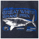 Close-up of a dark navy hoodie featuring a white and blue graphic of a great white shark with the text 'GREAT WHITE GRAND PRIX' and 'CAYMAN'.