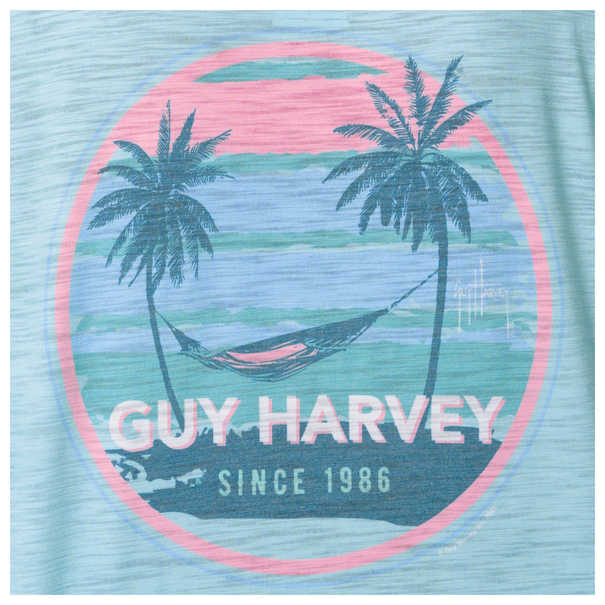 Guy Harvey logo with palm trees and a hammock on a blue background