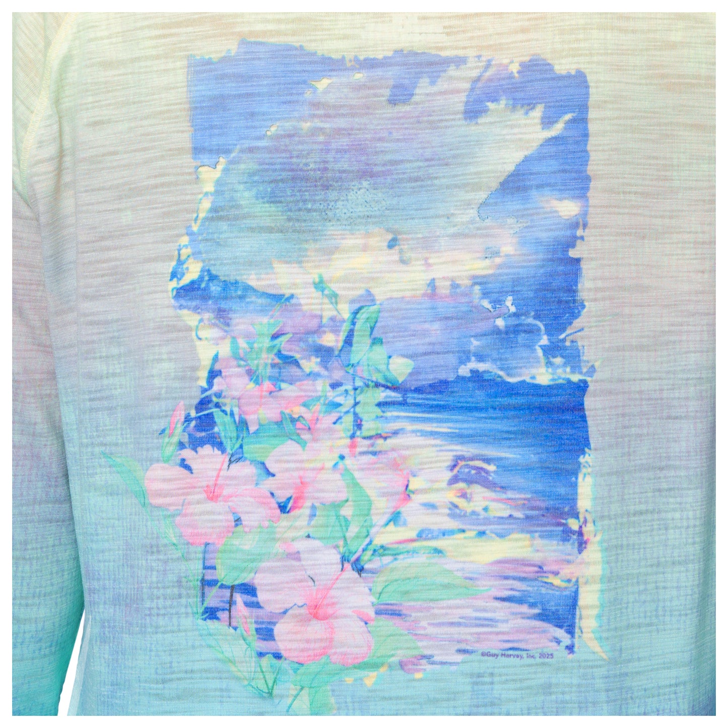 Colorful sunrise and hibiscus flower design on a textured fabric background