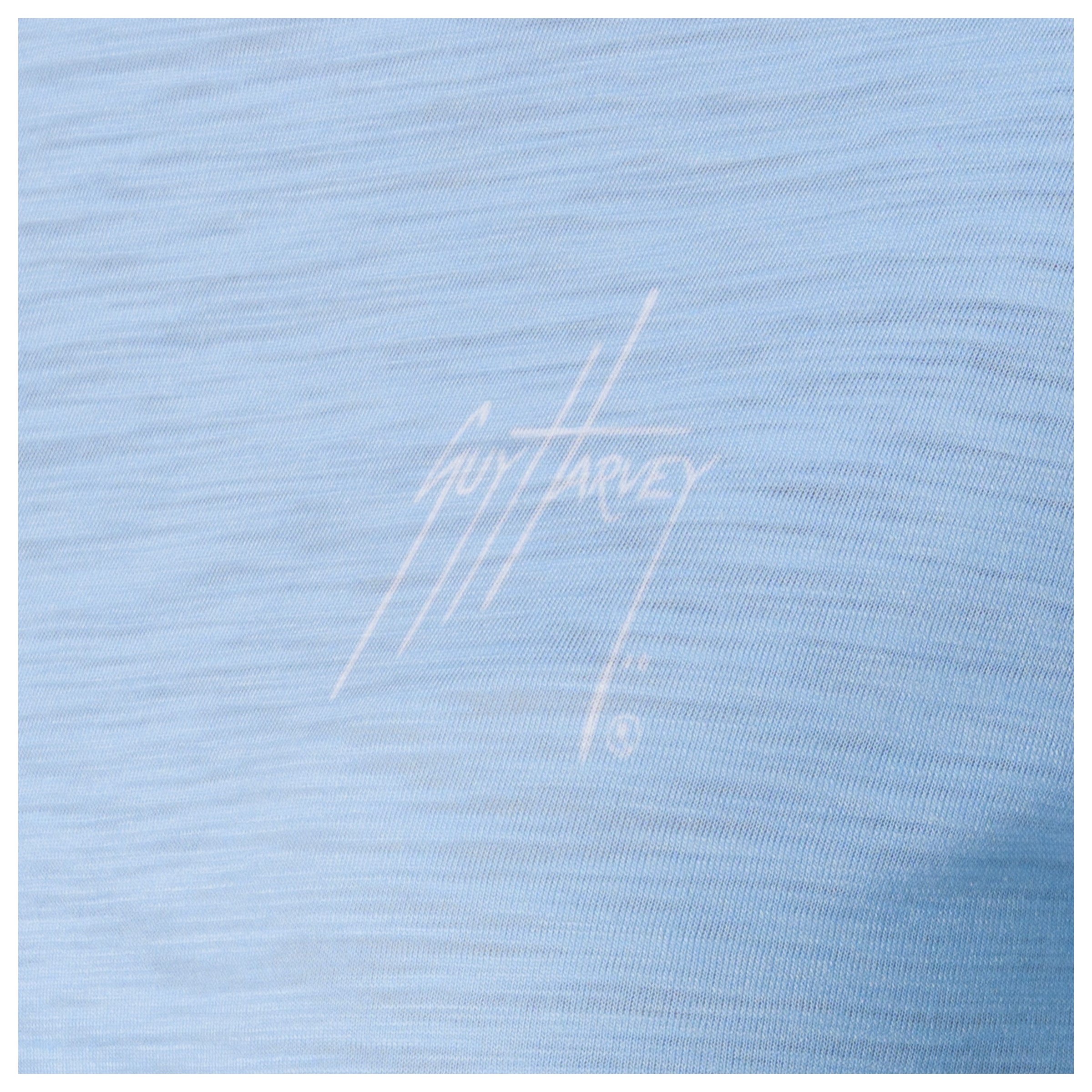 Light blue fabric with a white logo and text