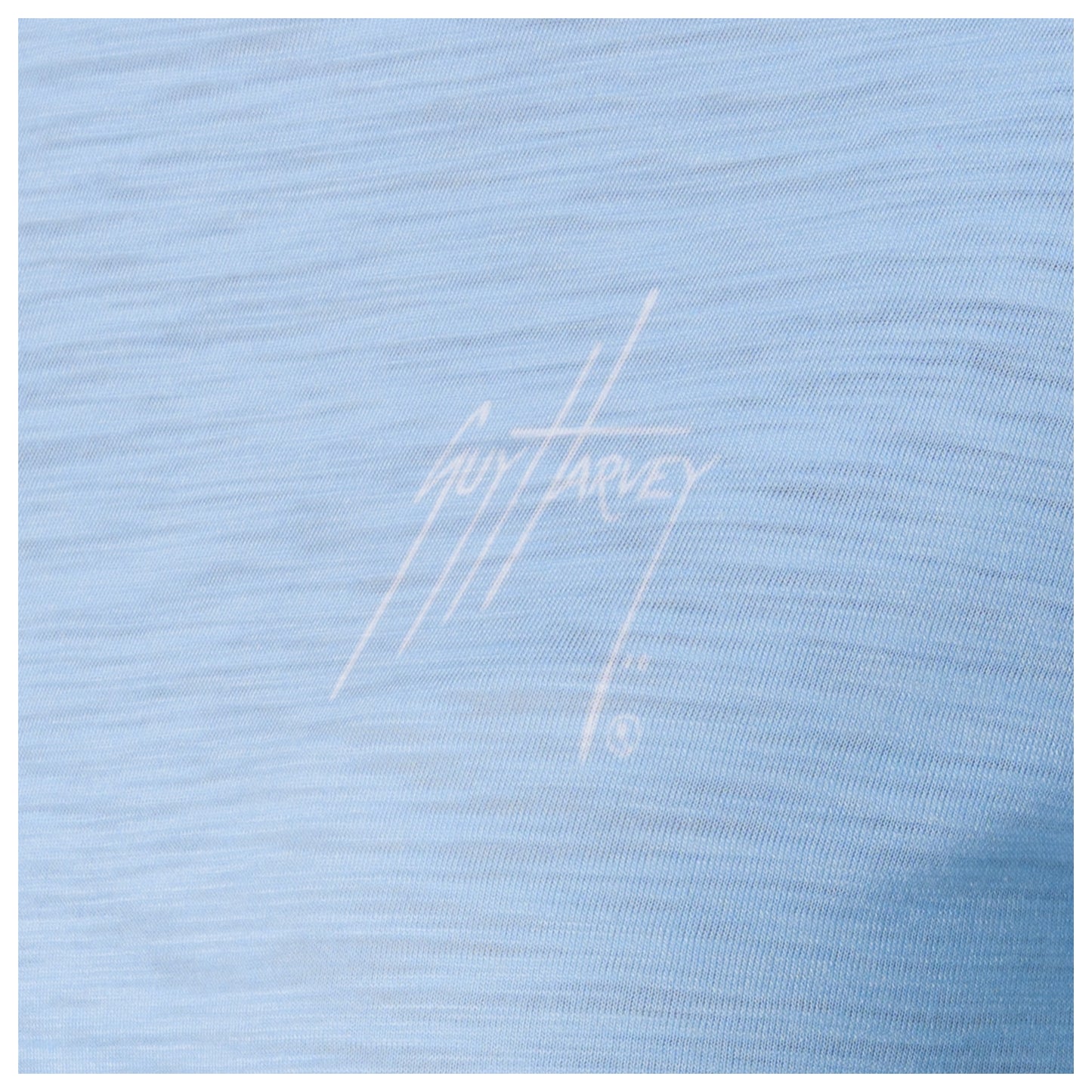 Light blue fabric with a white logo and text
