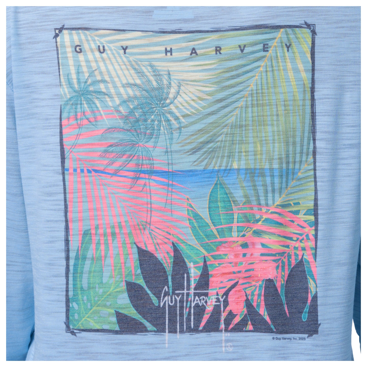 Guy Harvey tropical leaf design on a blue background