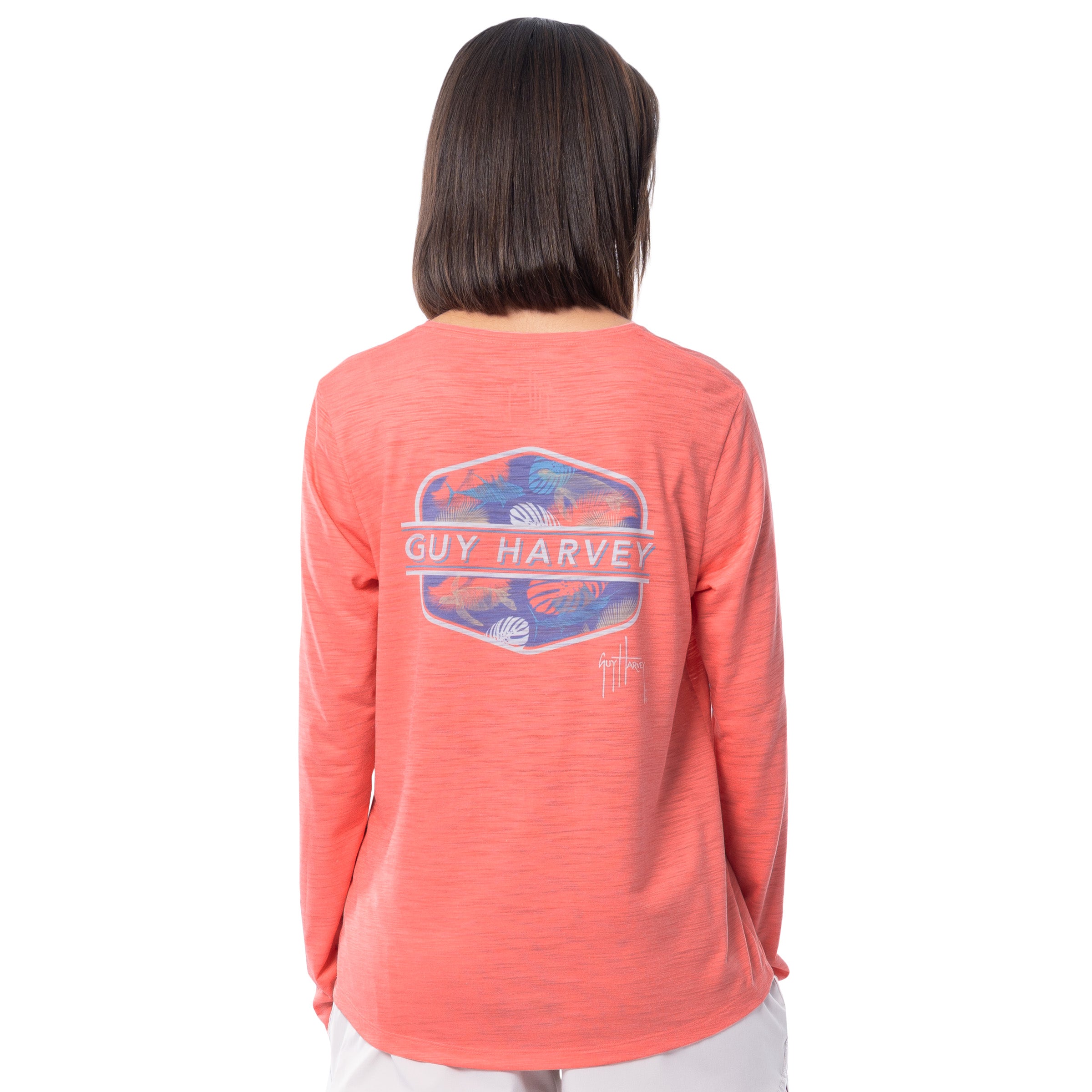 Coral long-sleeve shirt with Guy Harvey Scribble Aquarium design on a white background