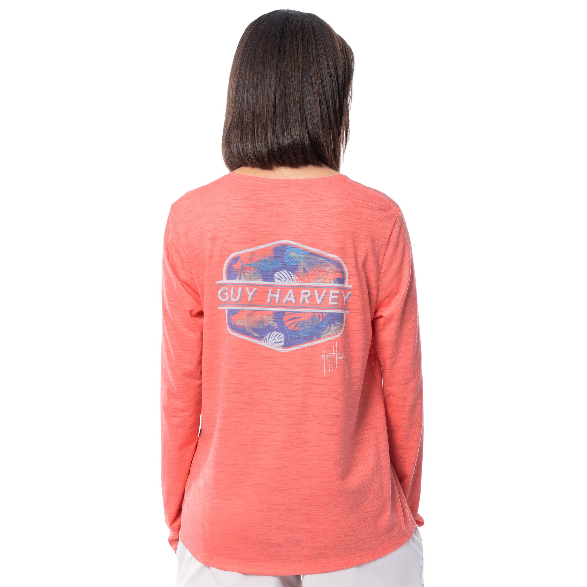 Coral long-sleeve shirt with Guy Harvey Scribble Aquarium design on a white background
