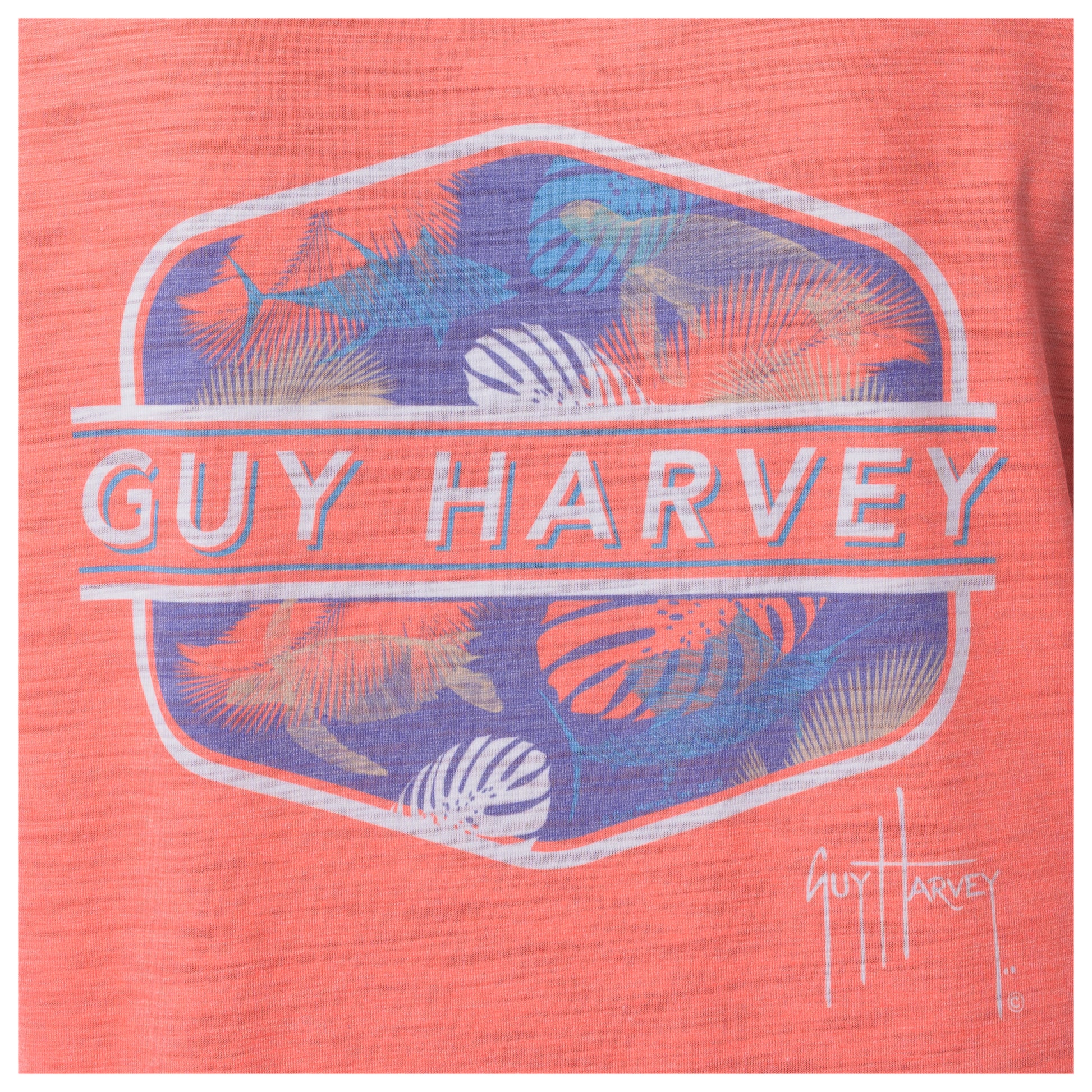 Guy Harvey logo on a coral background with fish illustrations