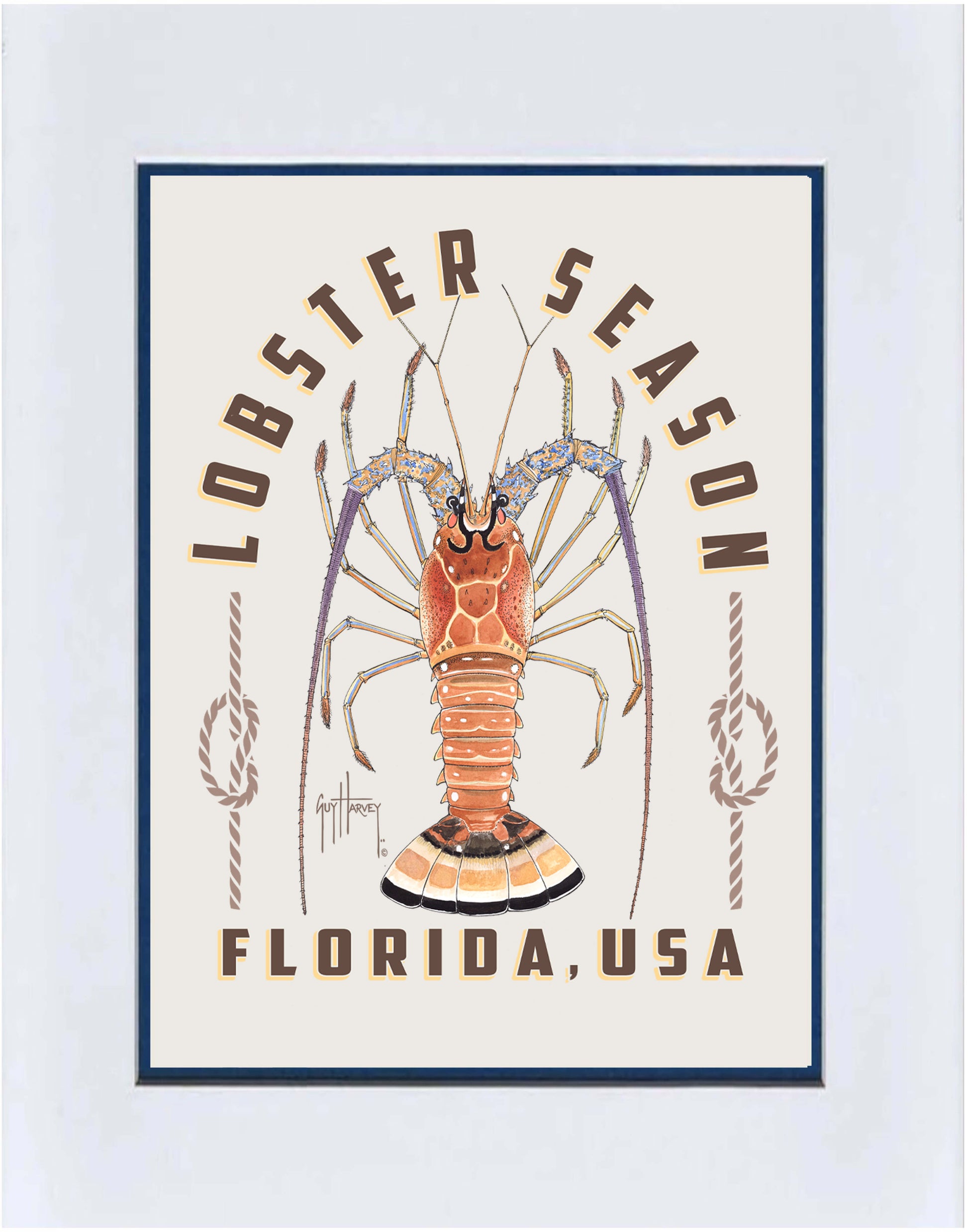 Poster with a lobster illustration and 'Lobster Season Florida, USA' text on a light blue background.