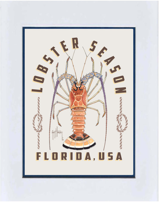 Poster with a lobster illustration and 'Lobster Season Florida, USA' text on a light blue background.