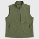 An olive green lightweight zip-up fishing vest with a stand collar, a chest pocket with Guy Harvey branding, and two zippered hand pockets, shown flat on a light gray background.