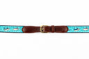 Guy Harvey men's Billfish Collage leather tab belt with turquoise needlepoint marlin design and brass buckle.