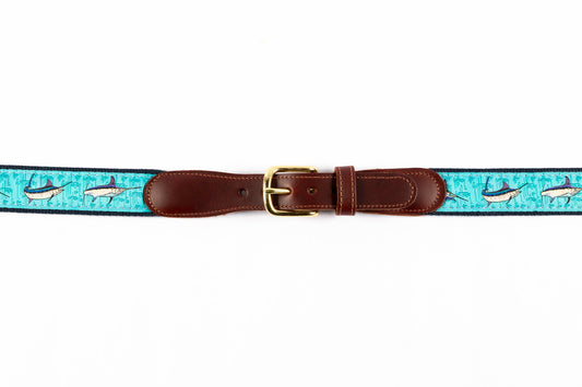 Guy Harvey men's Billfish Collage leather tab belt with turquoise needlepoint marlin design and brass buckle.