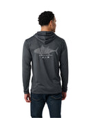 Person wearing a gray hoodie with a fish graphic on the back against a white background