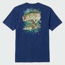 A navy Guy Harvey t-shirt with bass fish design on the back lay down flat on light grey background.