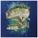 Illustration of bass fish on a blue background with Guy Harvey signature