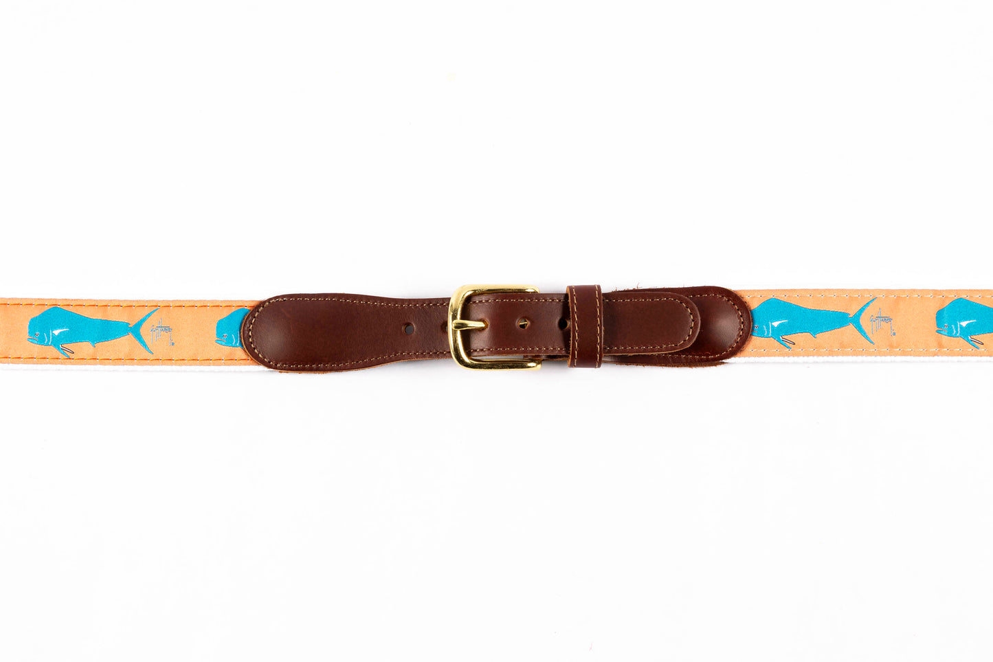 Guy Harvey men's Dorado Mahi Mahi leather tab belt with tan needlepoint mahi-mahi design and brass buckle.