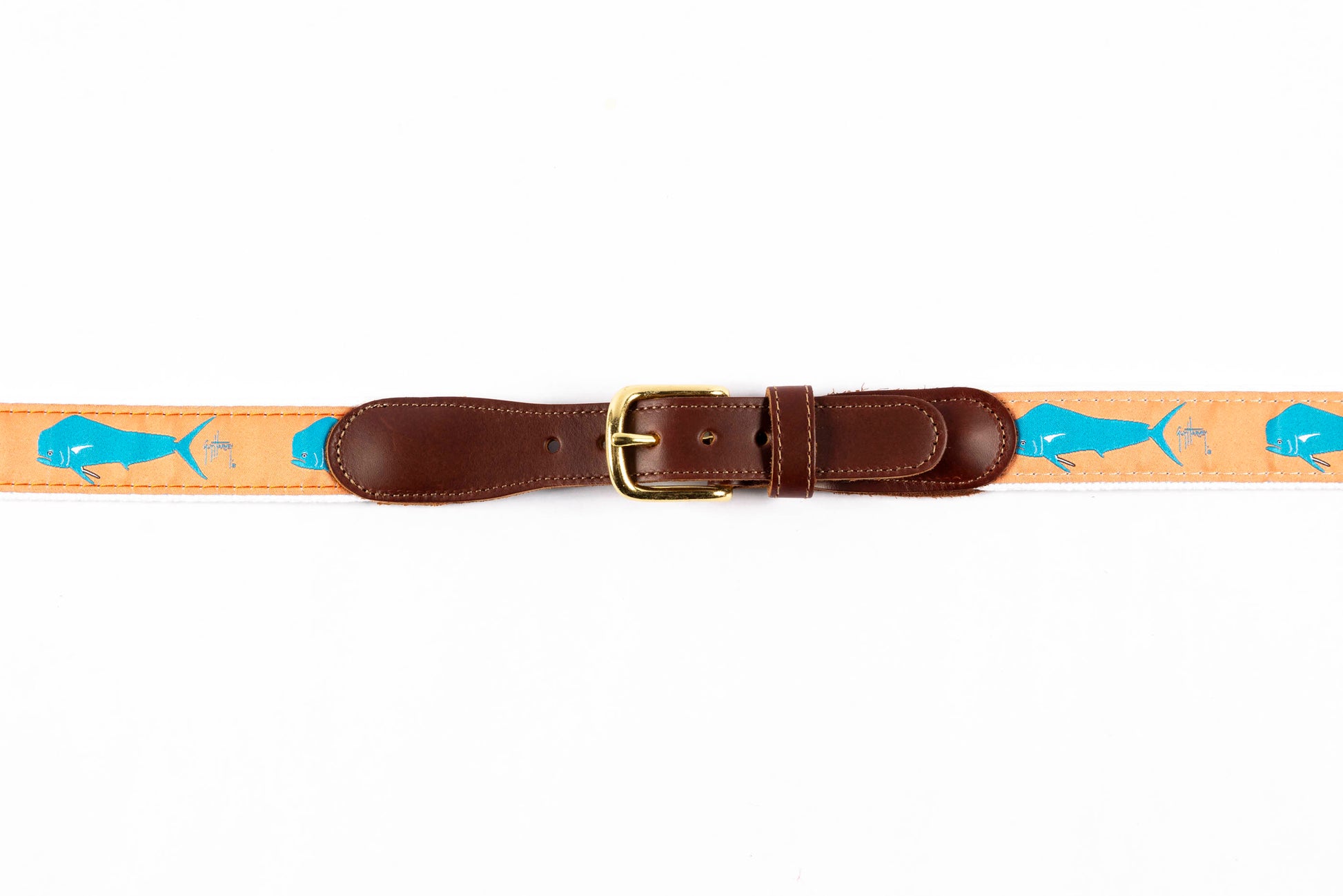 Guy Harvey men's Dorado Mahi Mahi leather tab belt with tan needlepoint mahi-mahi design and brass buckle.
