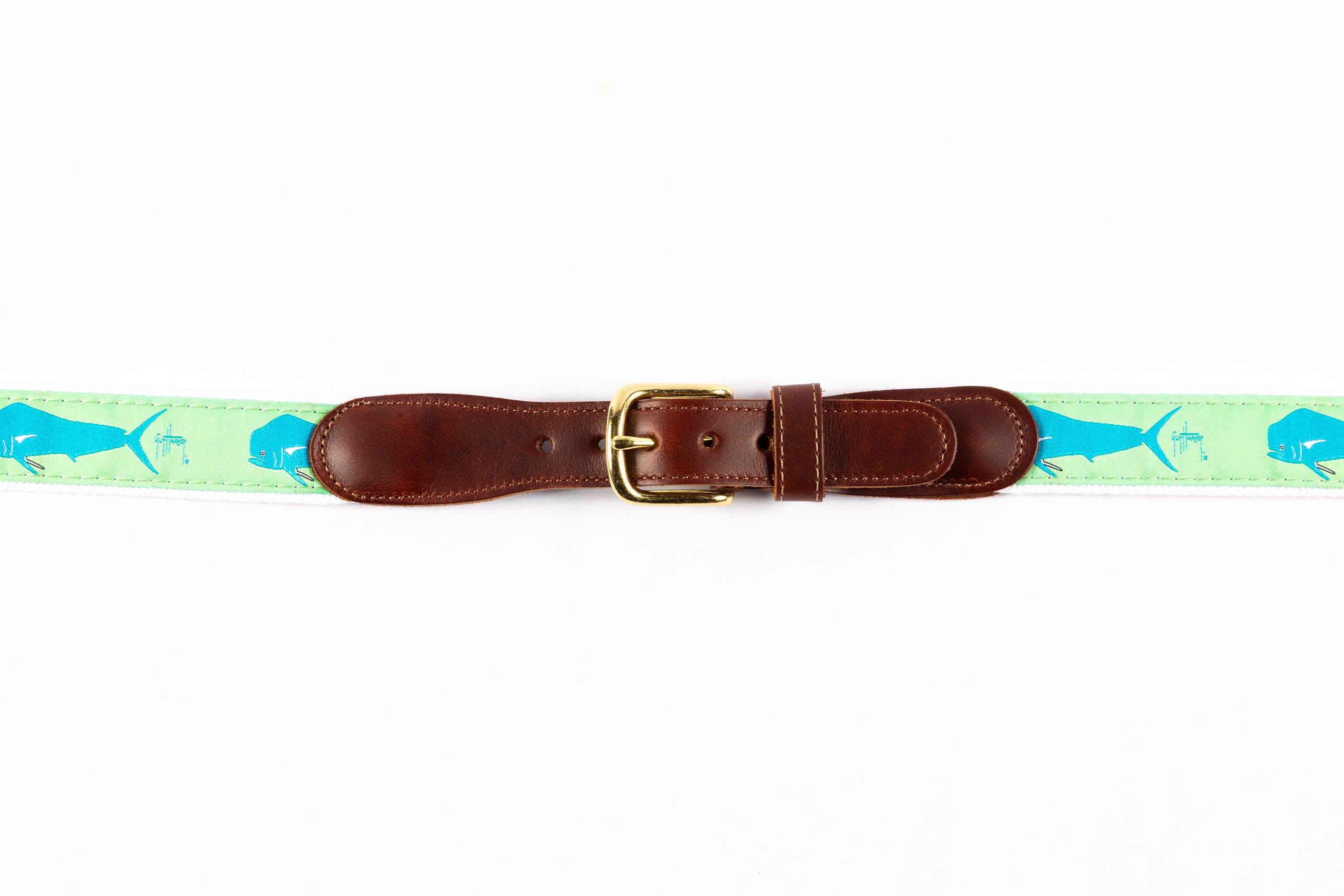 Guy Harvey men's Dorado on Green leather tab belt with lime green needlepoint mahi-mahi design and brass buckle.
