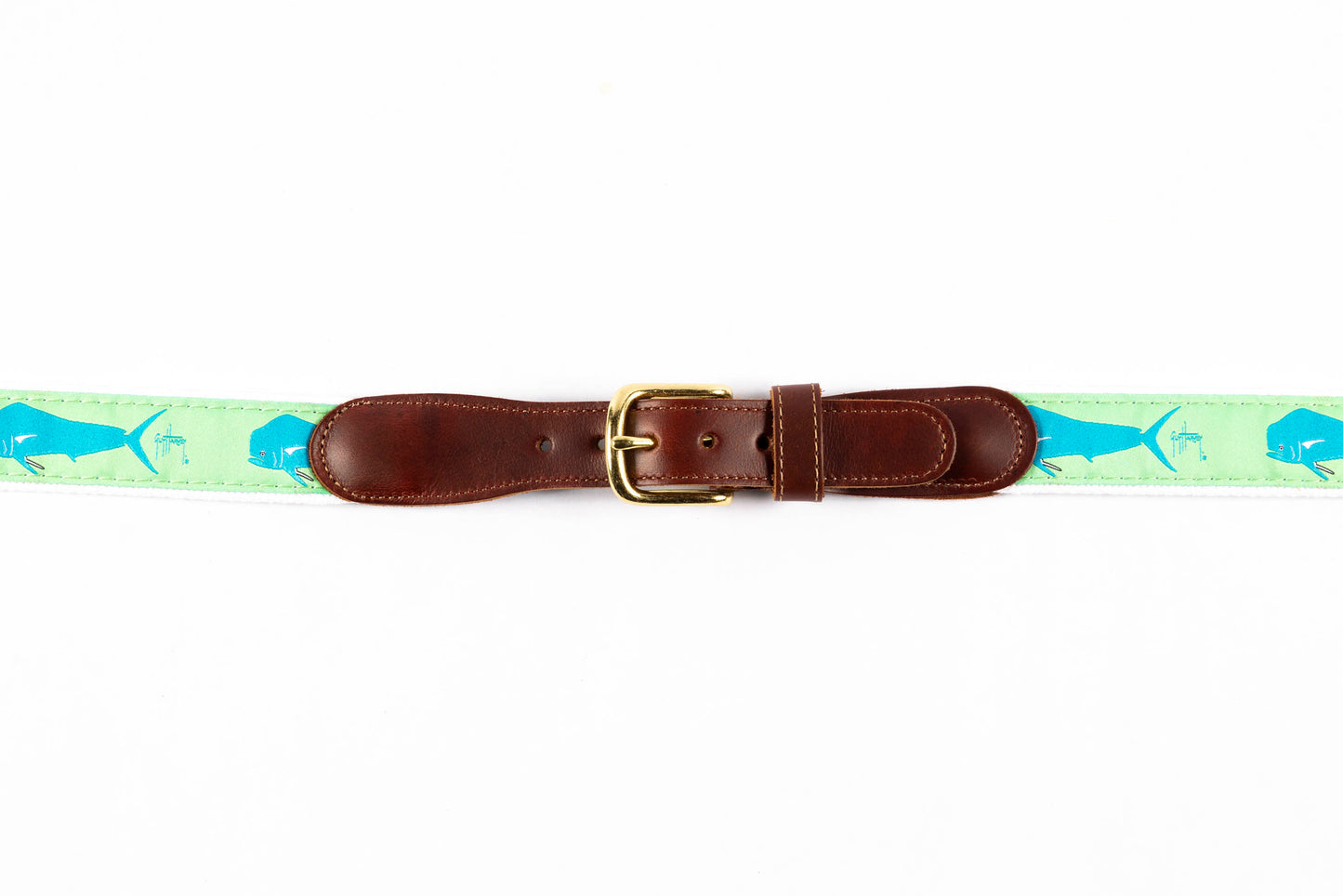 Guy Harvey men's Dorado on Green leather tab belt with lime green needlepoint mahi-mahi design and brass buckle.