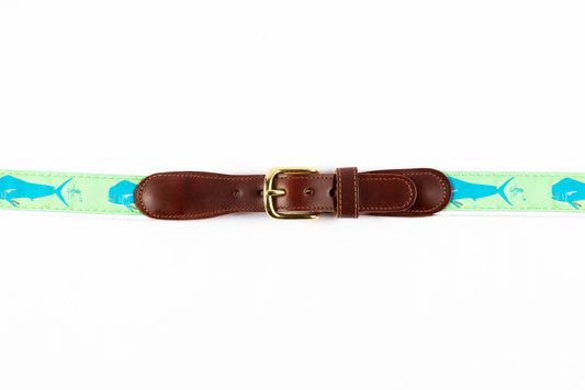 Guy Harvey men's Dorado on Green leather tab belt with lime green needlepoint mahi-mahi design and brass buckle.