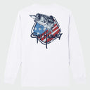 Flat Lay of a white long-sleeve shirt with a bass graphic design on the back, against a light gray background.