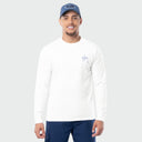 Man wearing a white long-sleeve shirt with a Guy Harvey logo on a gray background
