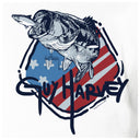 Guy Harvey logo with a bass fish and American flag design on a white background