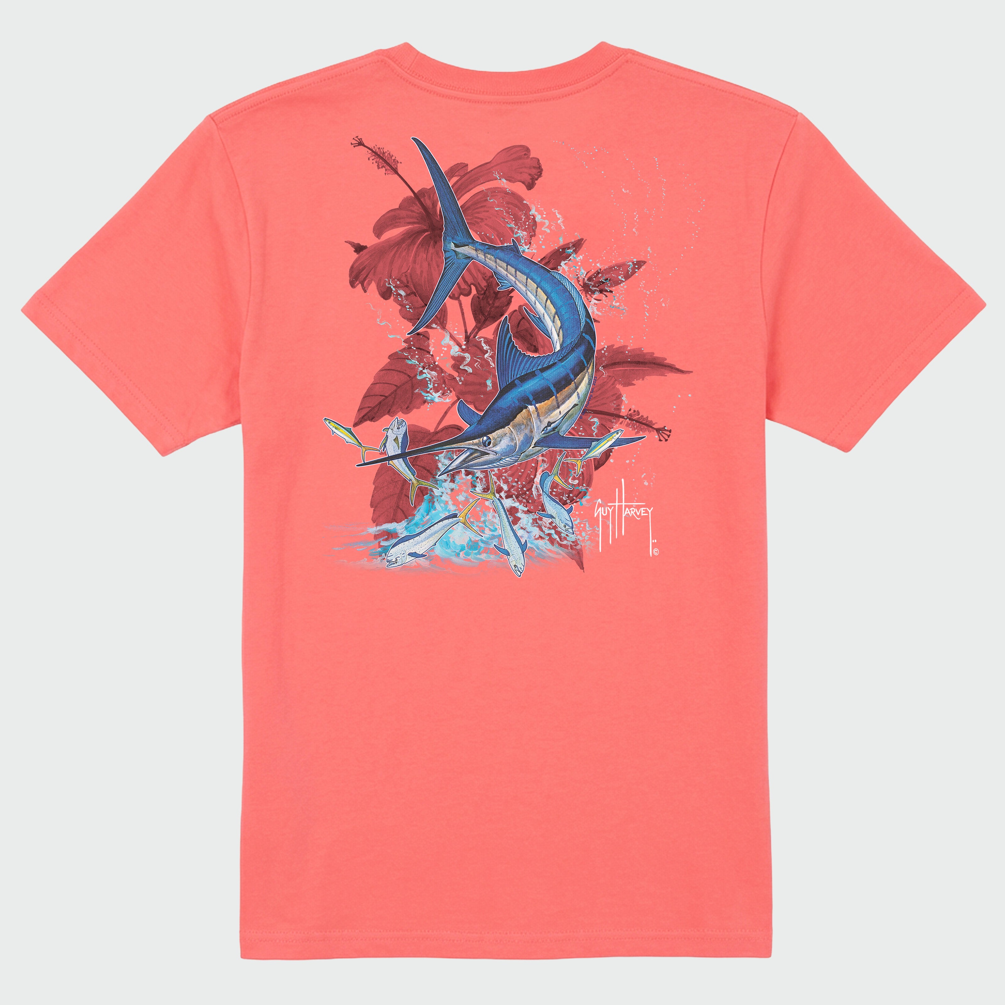 Flat Lay image of a coral Guy Harvey t-shirt featuring a jumping marlin. 