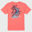 Flat Lay image of a coral Guy Harvey t-shirt featuring a jumping marlin. 