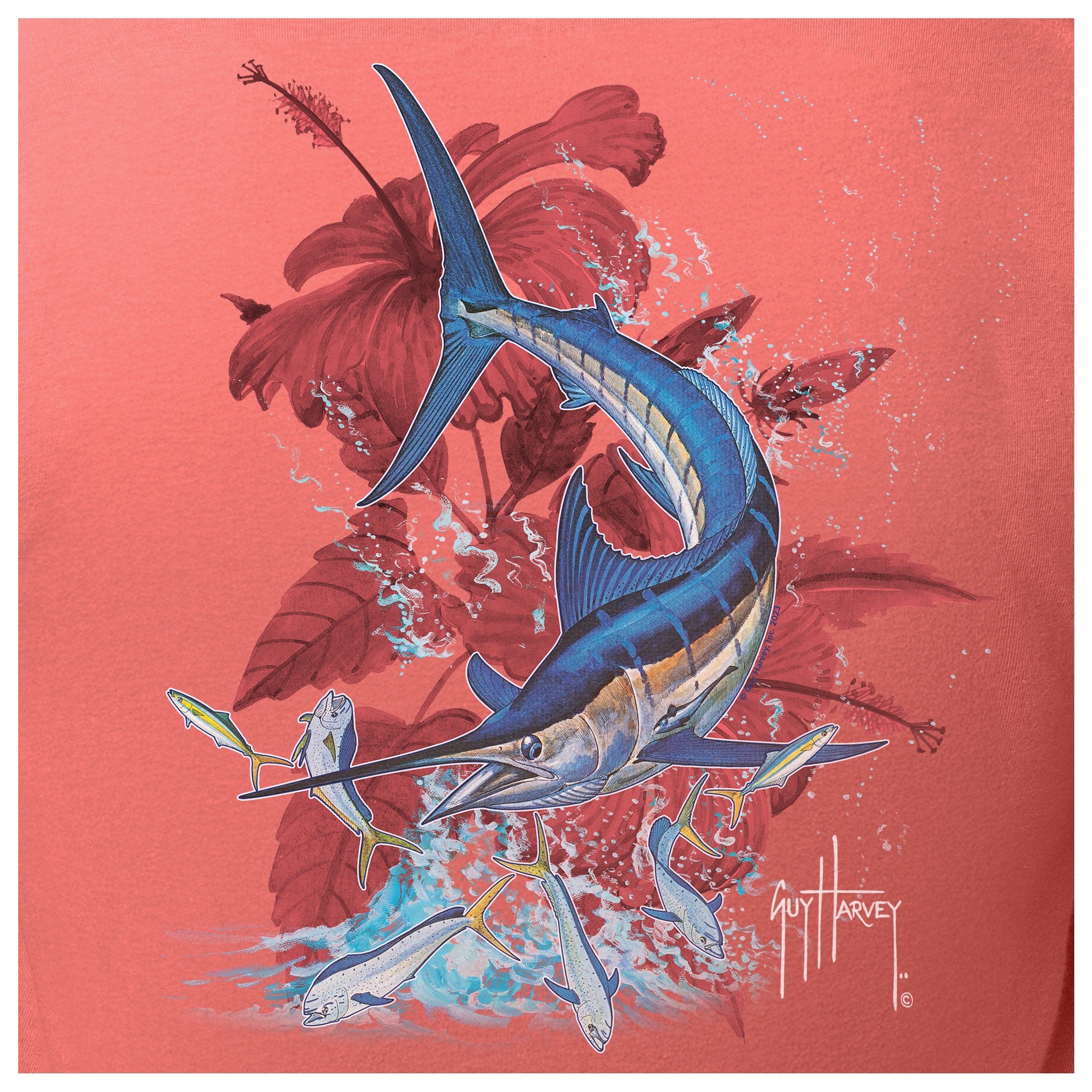 Marlin fish illustration with red flowers on a pink background, artist's signature visible.