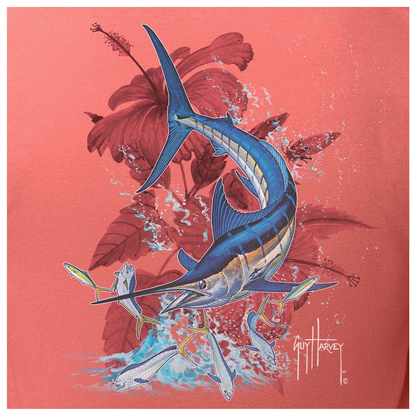 Marlin fish illustration with red flowers on a pink background, artist's signature visible.