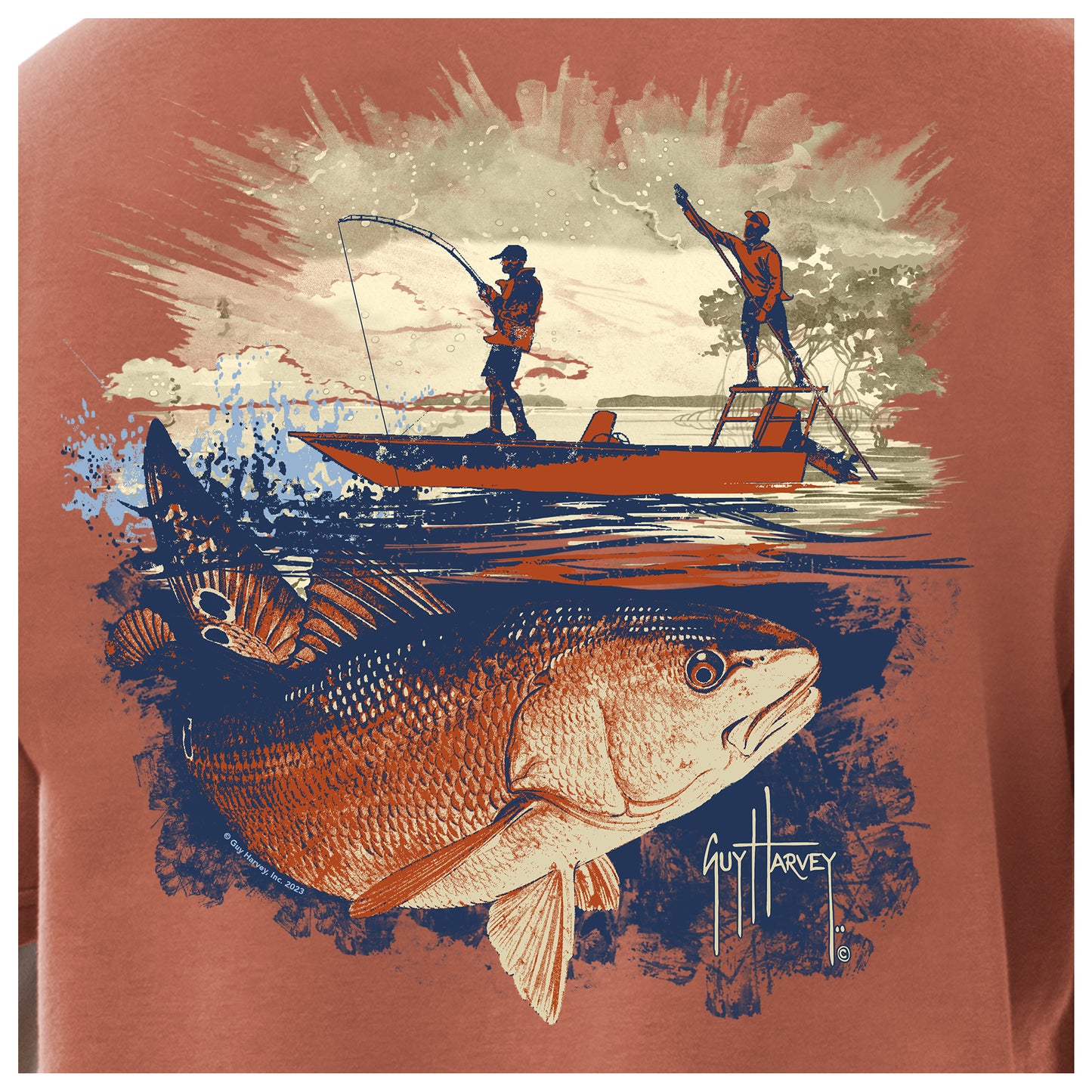 T-shirt with Guy Harvey design featuring two fishermen on a boat and a large redfish.