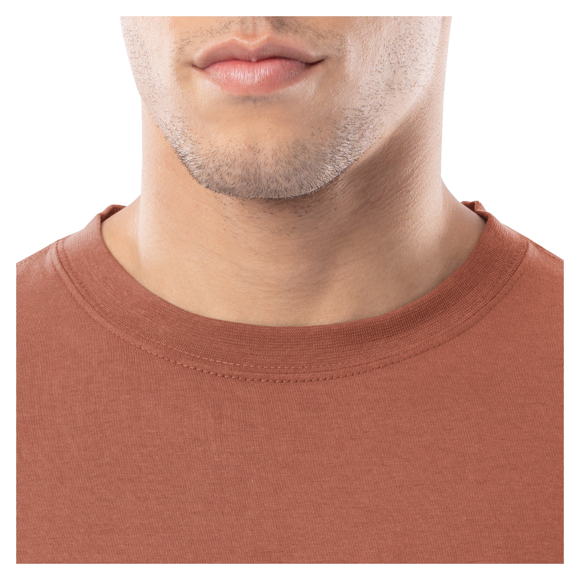 Close-up of a person wearing a brown t-shirt with a plain background