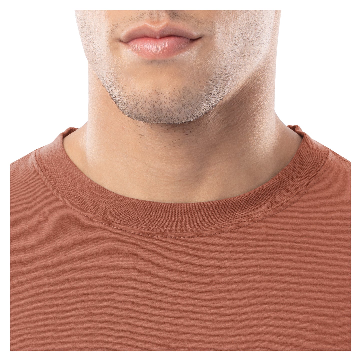 Close-up of a person wearing a brown t-shirt with a plain background