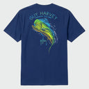 Flat Lay image of a Guy Harvey blue t-shirt with a mahi fish graphic on the back against a light gray background