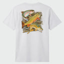 A man white Guy Harvey t-shirt with trout fish design on the back. Laydown shot over light grey background