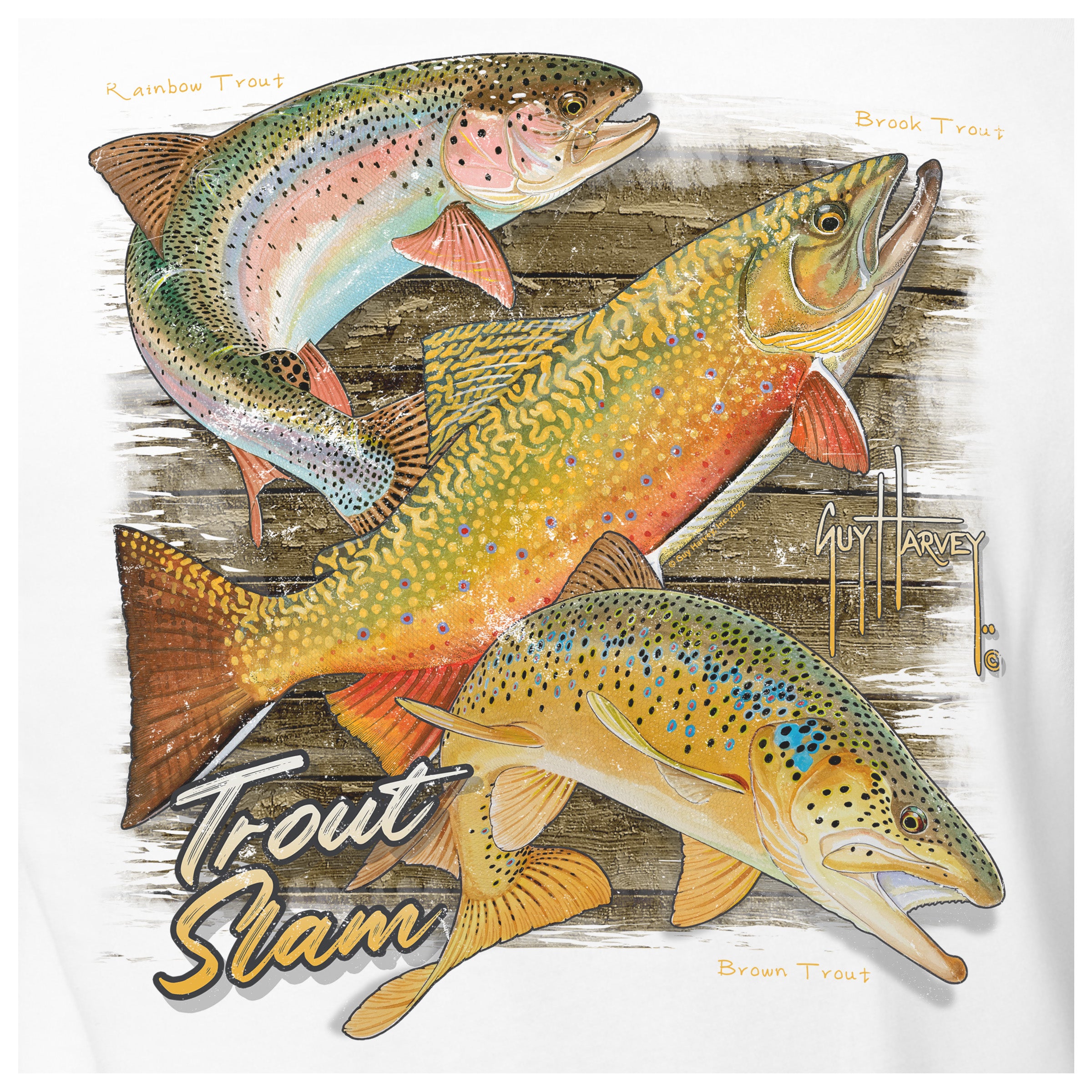 Illustration of three types of trout with 'Guy Harvey' signature on a wooden background.