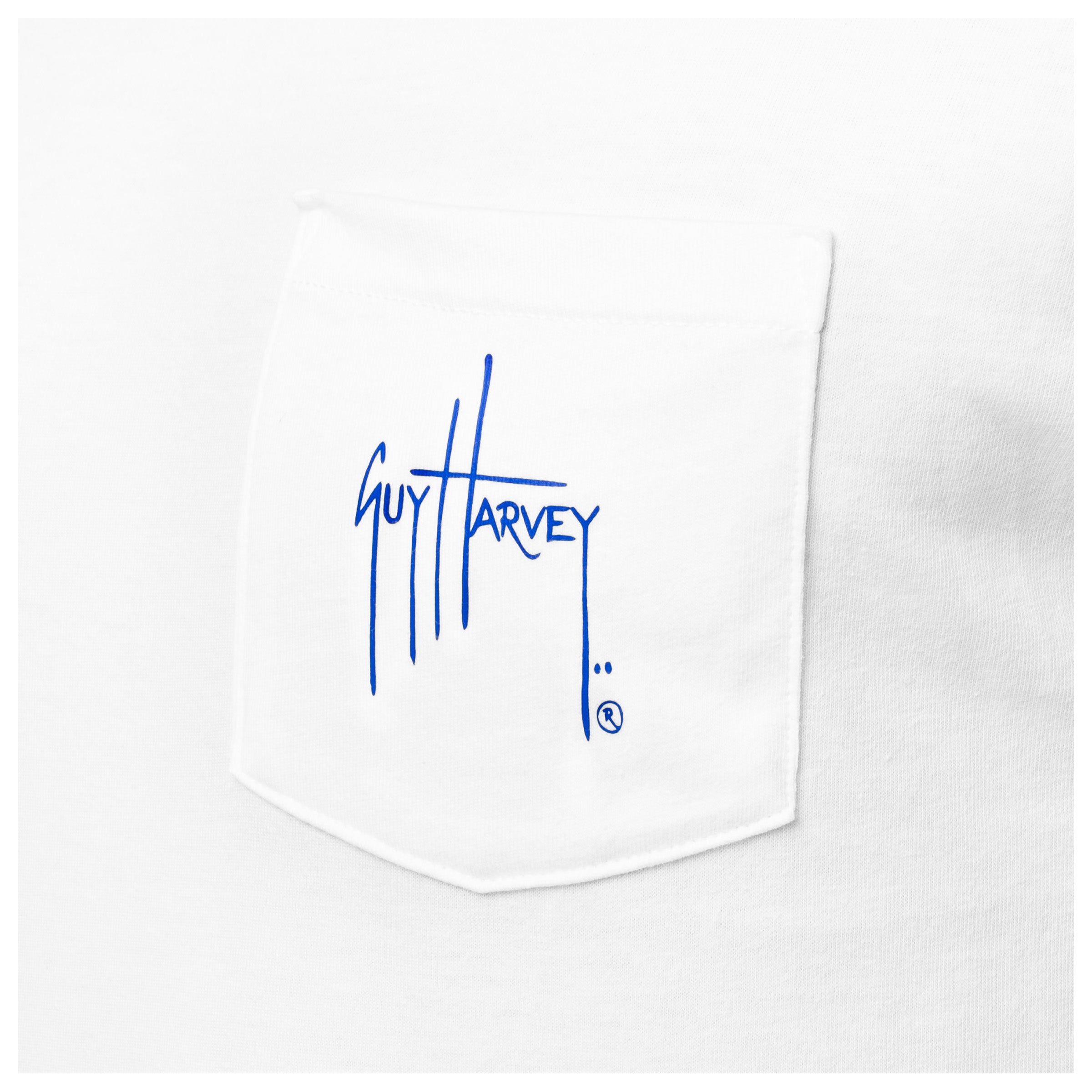 White shirt with blue 'Guy Harvey' logo on the pocket on a white background