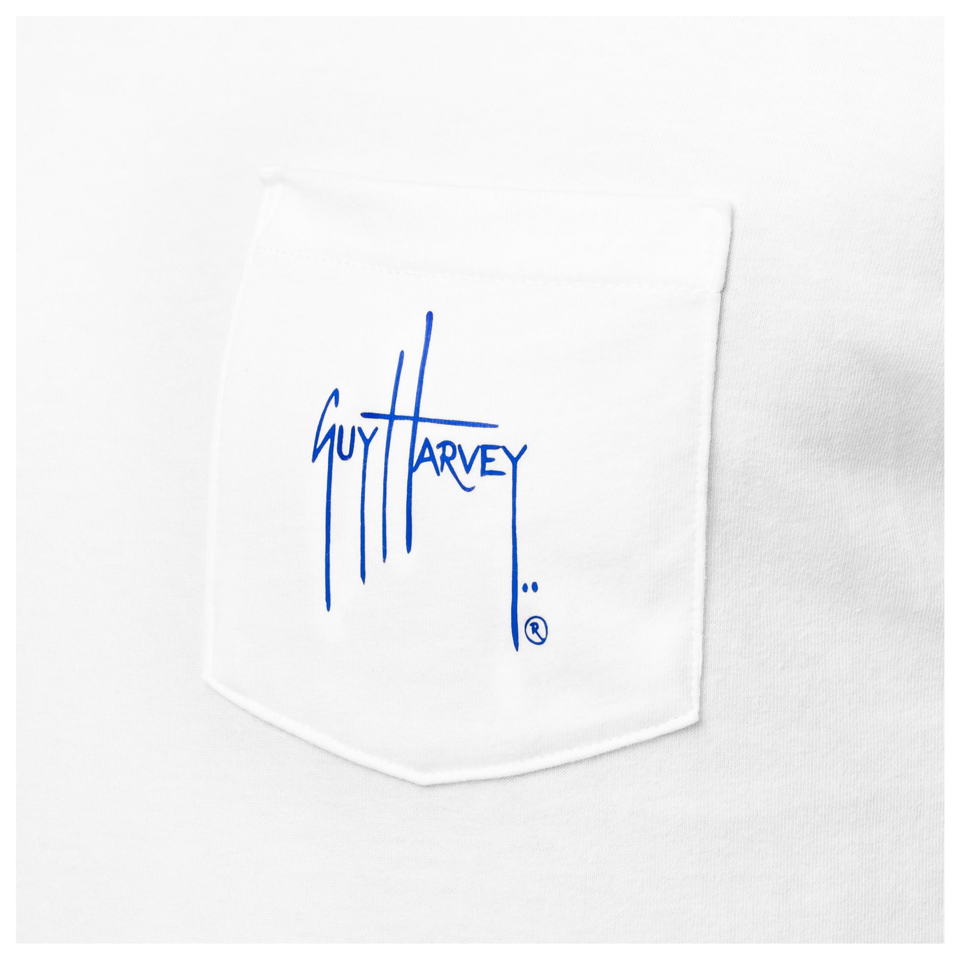 White shirt with blue 'Guy Harvey' logo on the pocket on a white background