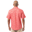 Back view of coral red Guy Harvey Men’s Aztec Printed Resort Shirt showing all-over Aztec pattern.