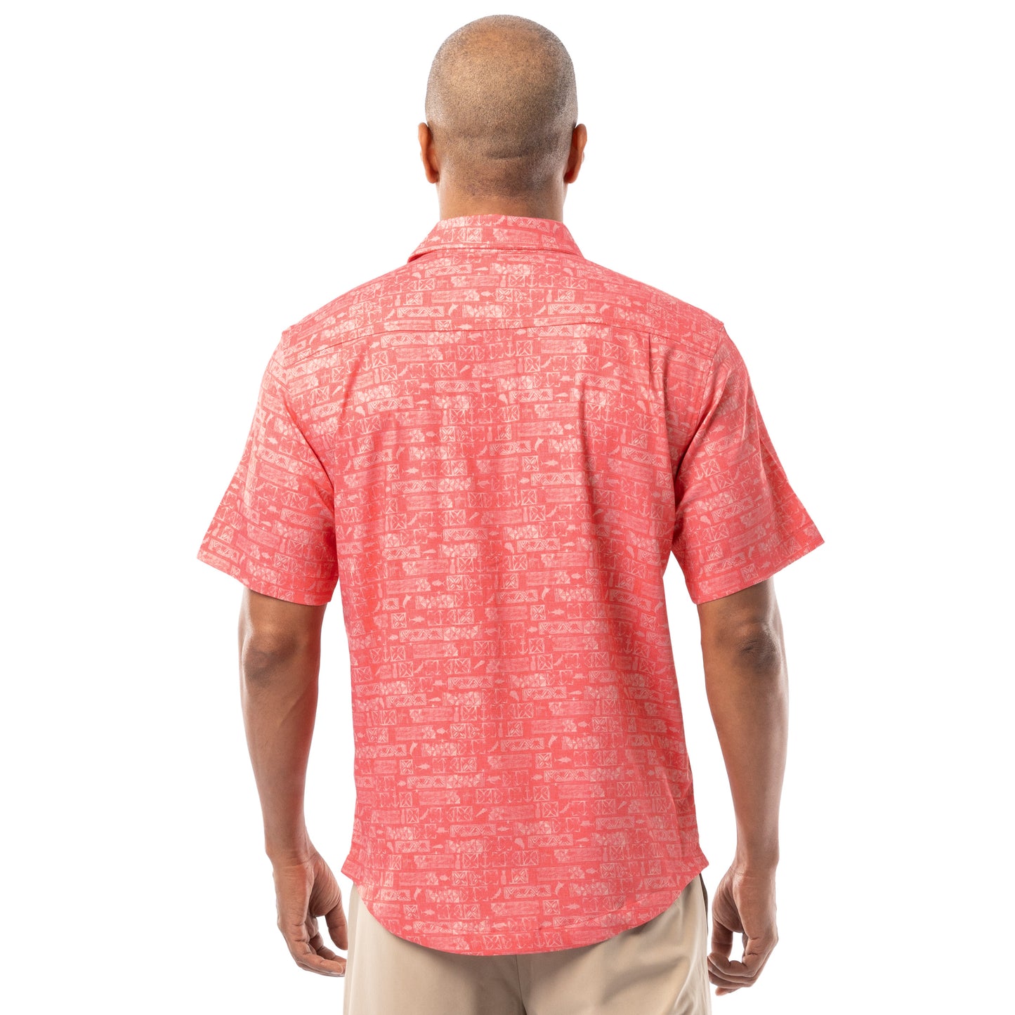 Back view of coral red Guy Harvey Men’s Aztec Printed Resort Shirt showing all-over Aztec pattern.