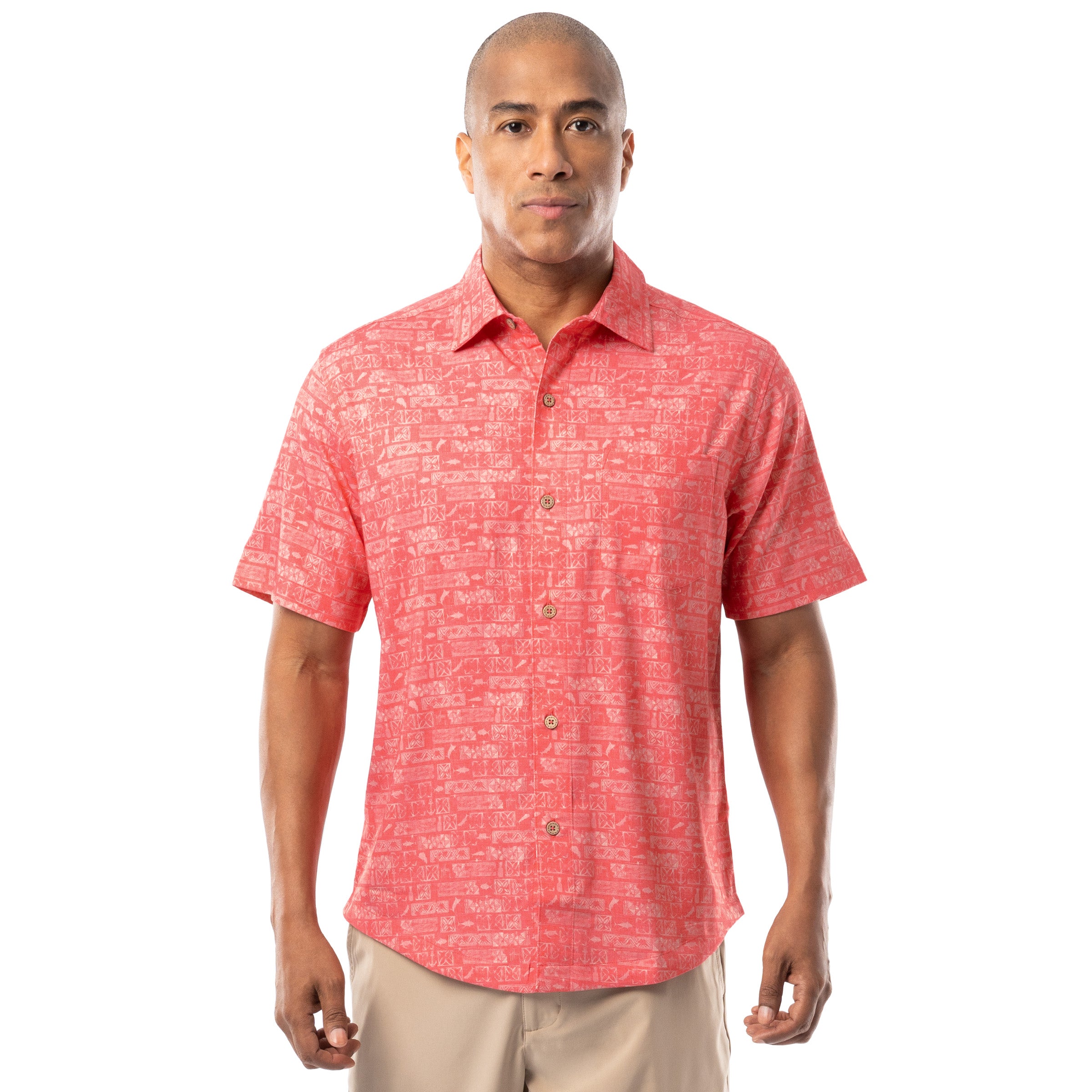 Front view of coral red Guy Harvey Men’s Aztec Printed Resort Shirt with button front and relaxed fit.