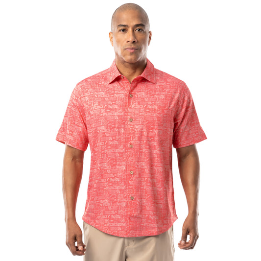 Front view of coral red Guy Harvey Men’s Aztec Printed Resort Shirt with button front and relaxed fit.