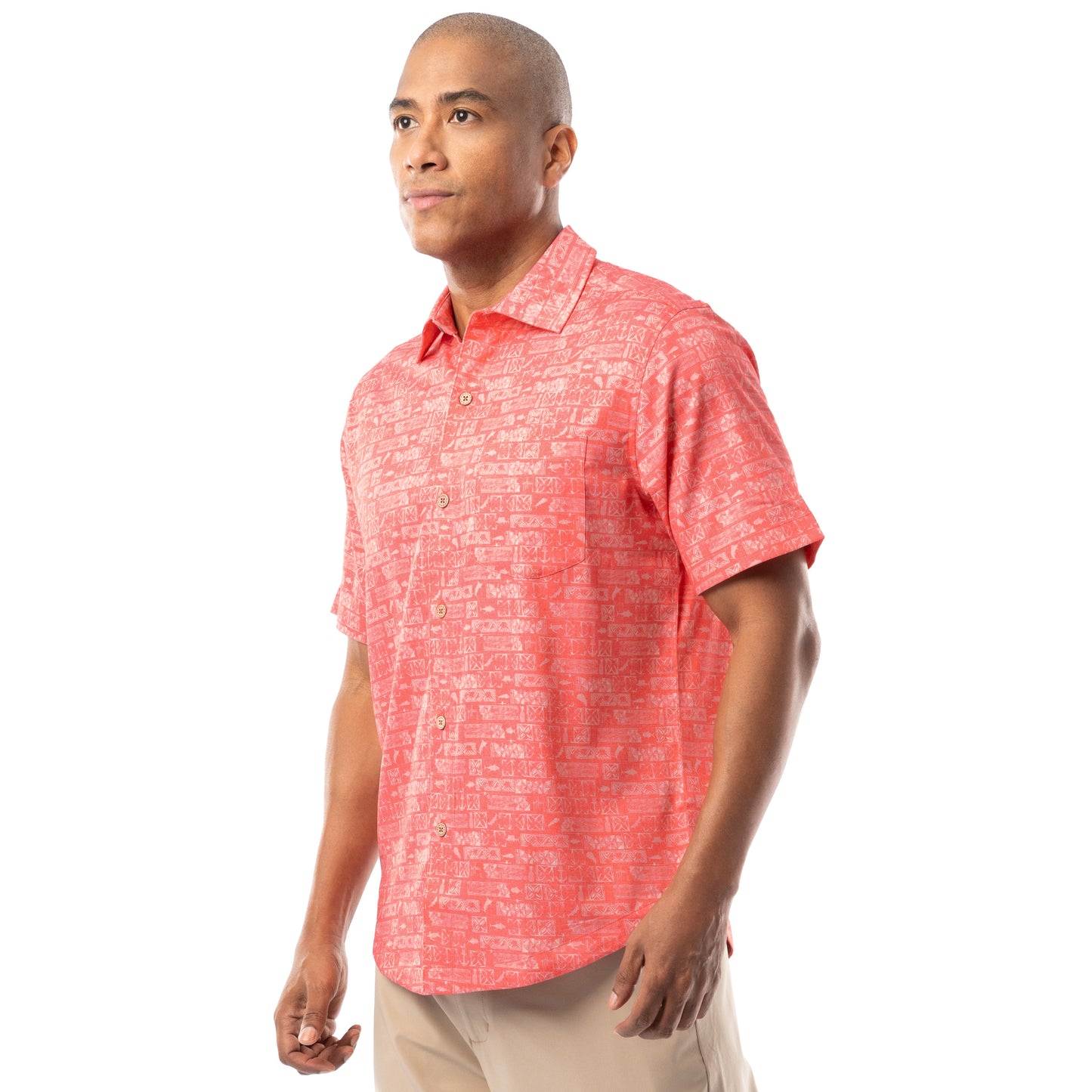 Side angle of coral red Guy Harvey Men’s Aztec Printed Resort Shirt highlighting soft drape and casual fit.