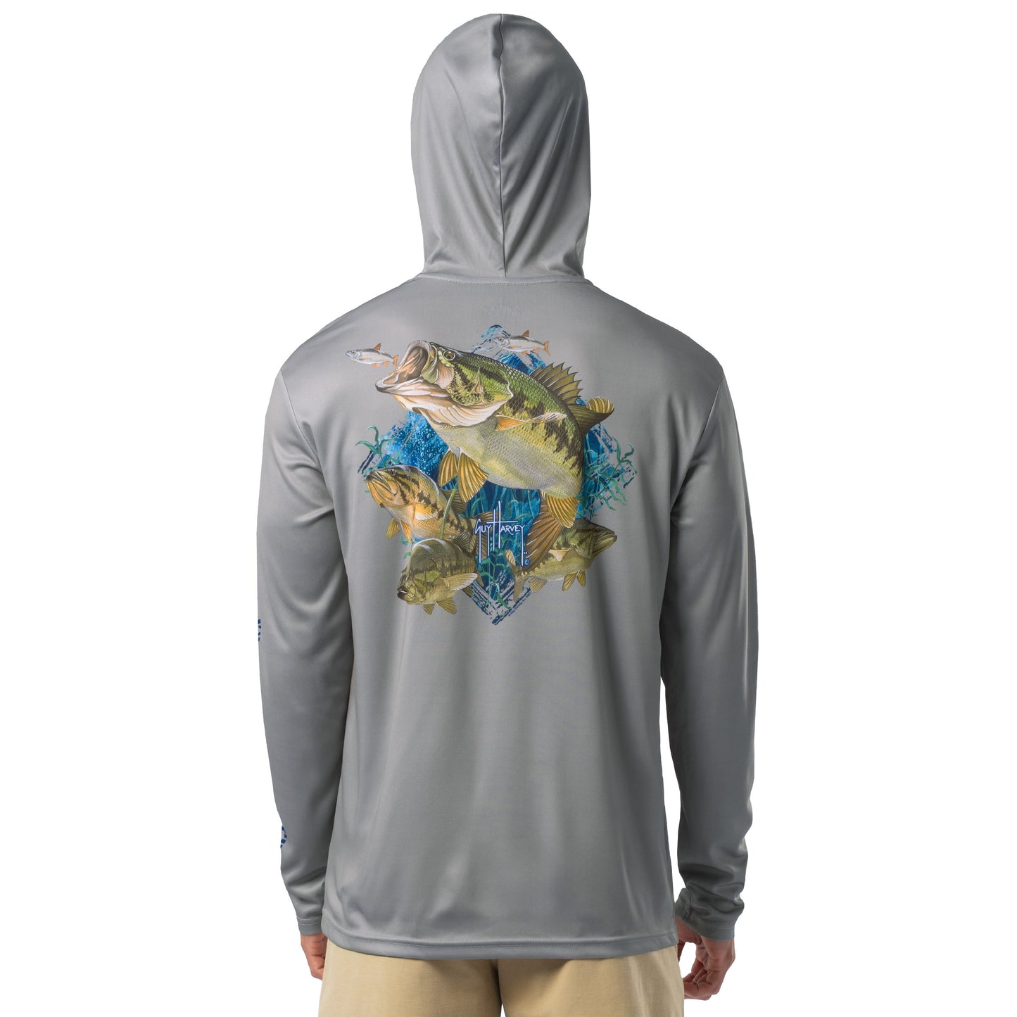 Back view of model wearing light gray Guy Harvey Men’s Bass Diamond Sun Protection Hoodie with detailed fish art.